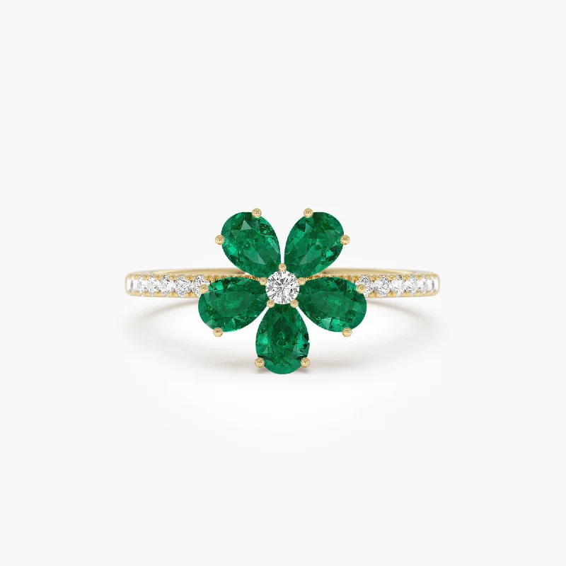 Men’s Engagement Rings with Colored Stones-14K Five-Leaf Emerald and Diamond Ring