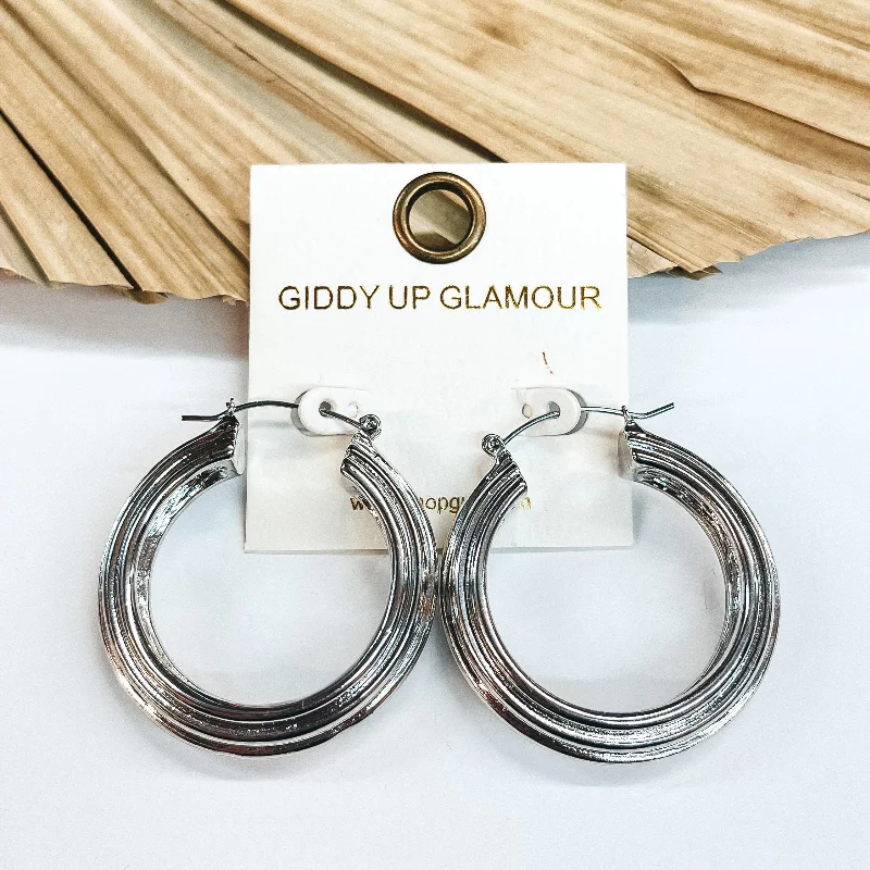 Large Hoop Earrings for Women-Night In The City Thick Textured Lined Hoops in Silver