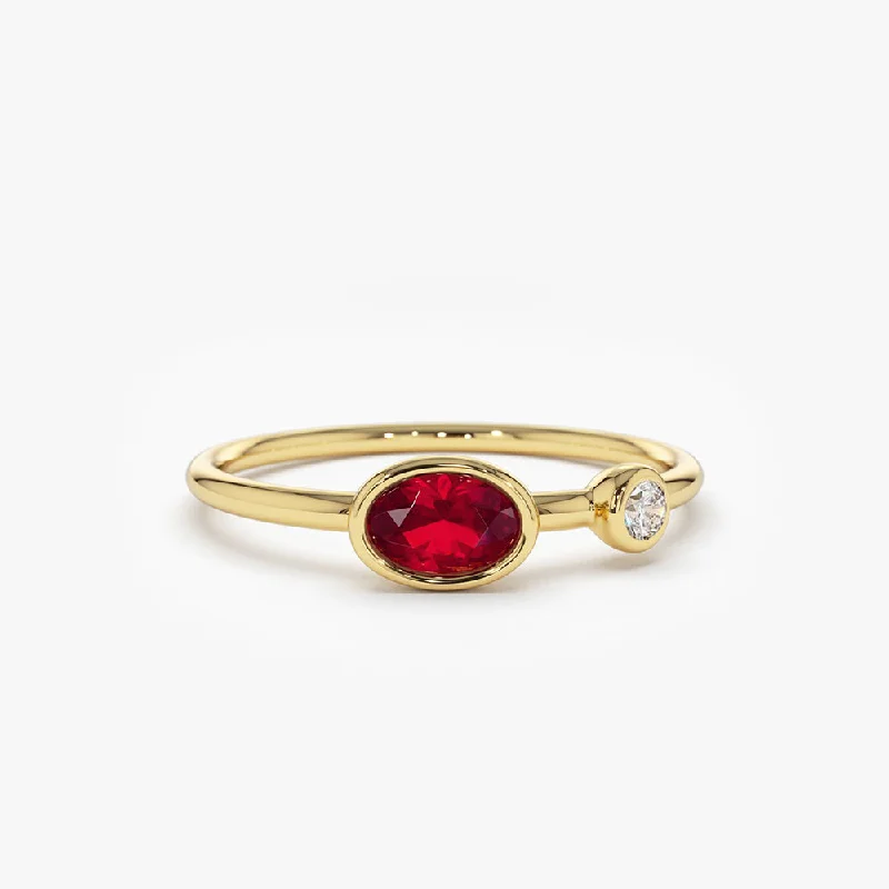 Birthstone Engagement Ring Sets-14k Oval Shape Bezel Setting Ruby and Diamond Ring