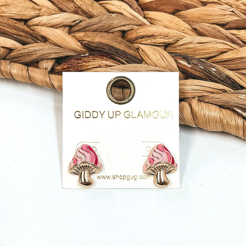 Crystal Hoop Earrings-Gold Mushroom Stud Earring in Pink