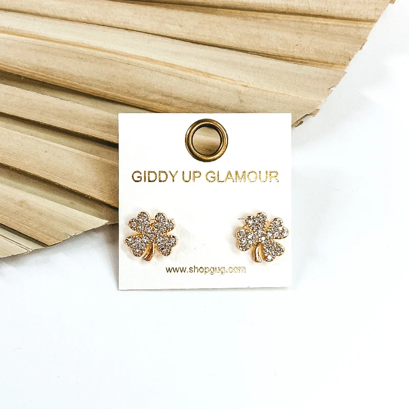 Simple Gold Drop Earrings-Clear Crystal Four Leaf Clover Stud Earrings in Gold