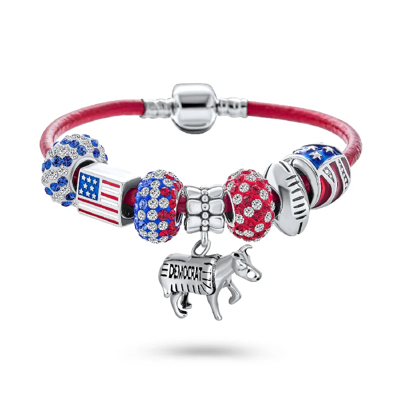 Adjustable Chain Bracelets for Women-Patriotic USA Charm Bracelet with GOP Elephant & Democrat Donkey Beads Red Leather