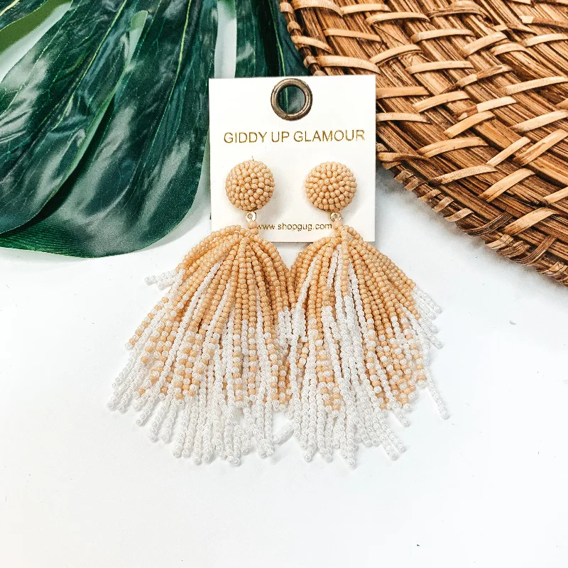 Luxury Designer Earrings for Women-Seed Bead Tassel Earrings In White and Tan