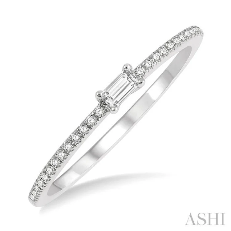 Affordable Gemstone Wedding Rings-1/6 Ctw Baguette Center Round Cut Diamond Stack Band in 14K White Gold