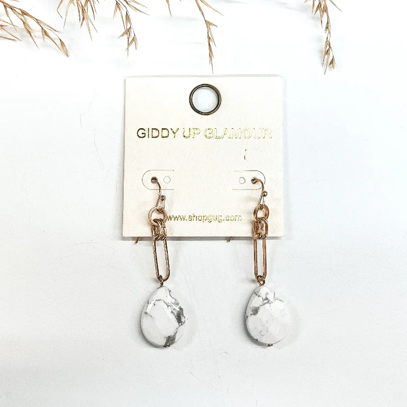 Modern Hoop Earrings for Women-Chain Link Natural Stone Drop Earrings in White