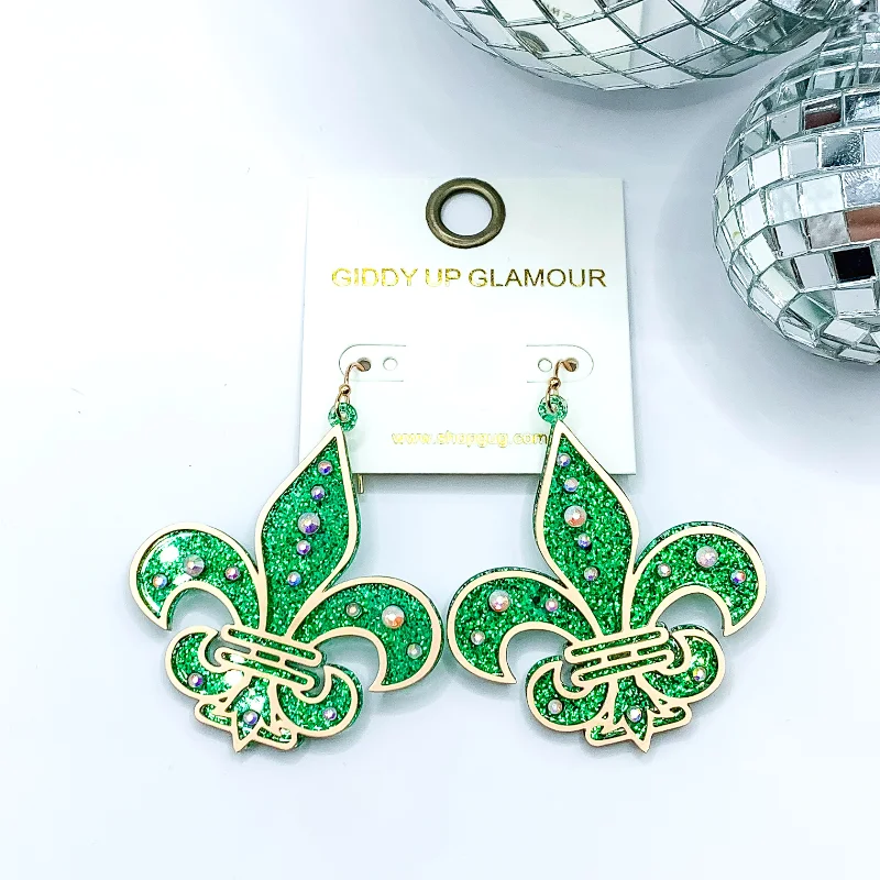 Crystal and Pearl Earrings-Glitter Fleur De Lis Earrings with AB Crystals in Green