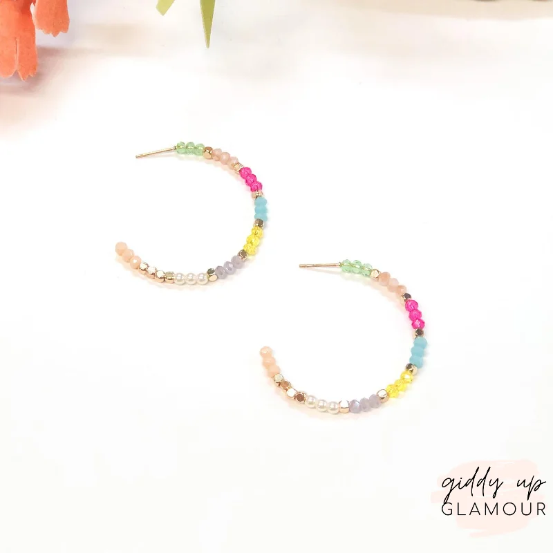 Colorful Hoop Drop Earrings-Small Crystal Beaded Hoop Earrings in Multi