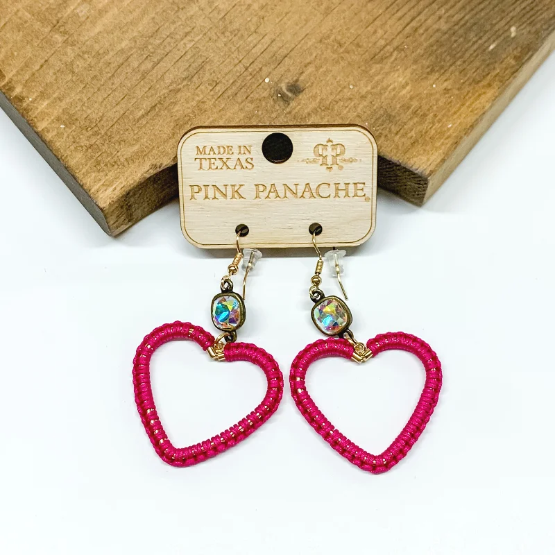 Geometric Drop Earrings for Women-Pink Panache | Fuchsia Wrapped Heart Drop Earrings with AB Crystal