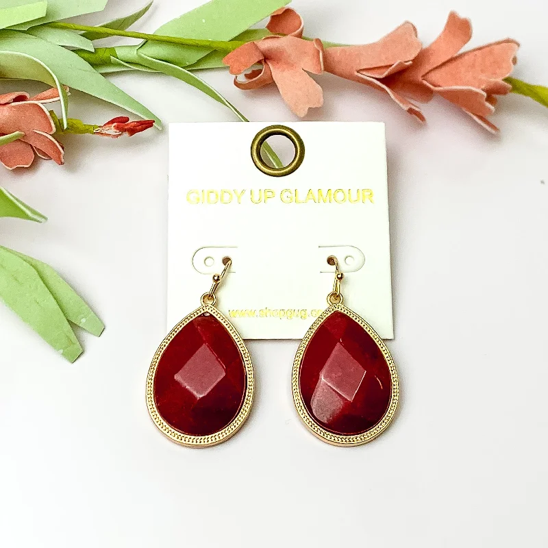 Dazzling Drop Earrings-Maroon Drop Earrings with Gold Tone Outline