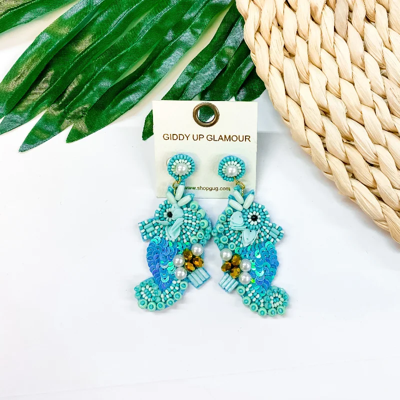 Personalized Drop Gemstone Earrings-Seed Bead Sea Horse Earrings with Pearls in Turquoise