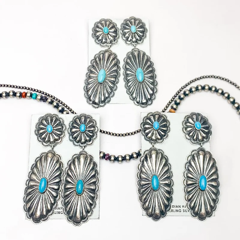 Trendy Gemstone Earrings for Women-RL Begay | Navajo Handmade Sterling Silver Circle Concho Post Earrings with Oval Concho Dangle and Turquoise Stones