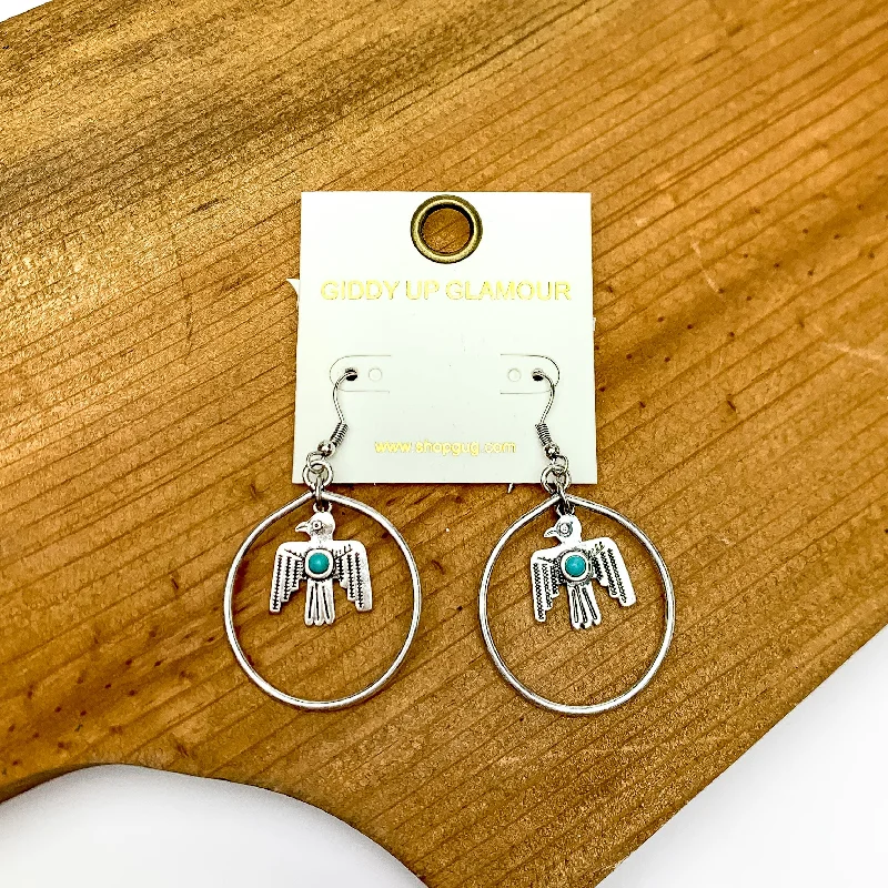 Elegant Crystal Earrings-Western Thunderbird with Open Silver Tone Hoop