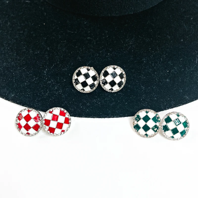 Sparkling Drop Stud Earrings-Buy 3 for $10 | Checkered Plaid Stud Earrings with Crystals in Silver Tone