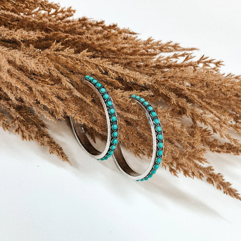 Elegant Silver Drop Earrings-Gypsy Soul Hoops with Turquoise Stones