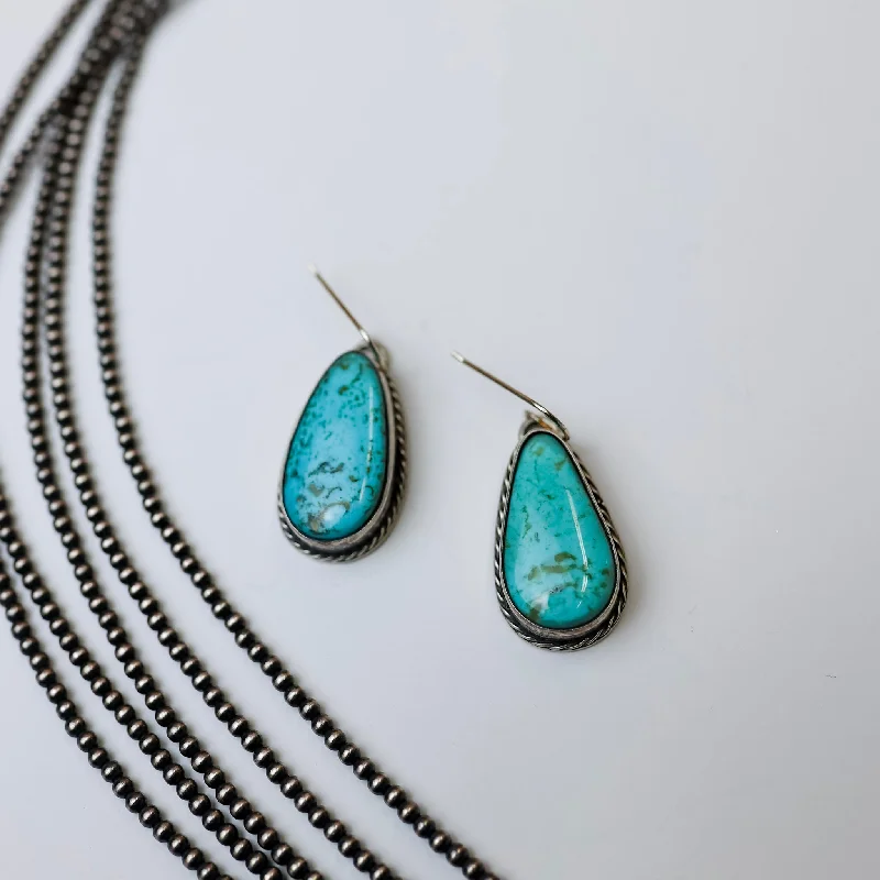 Elegant Silver Drop Earrings-Zia | Genuine Navajo Turquoise Stone Dangle Earrings with Sterling Silver Rope Edge