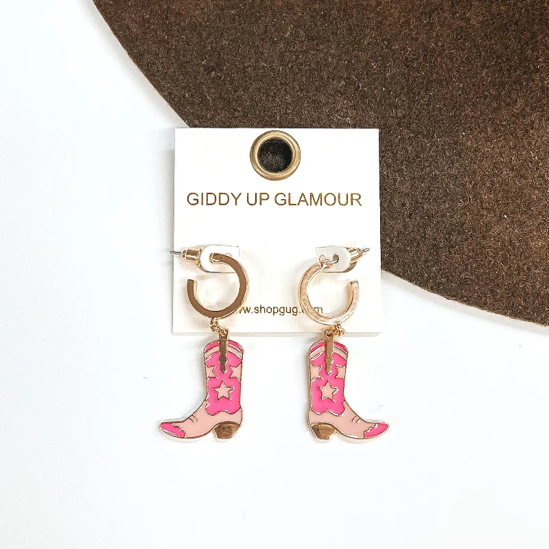 Sparkling Gemstone Earrings for Women-Gold Tone Hoop Huggie Earrings with Hanging Boot Pendant in Pink