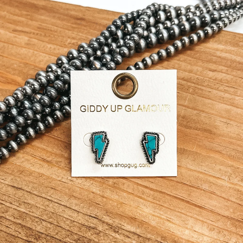 Unique Crystal Earrings-Everyday Excitement Mini Lightning Bolt Stone Stud Earrings in Turquoise