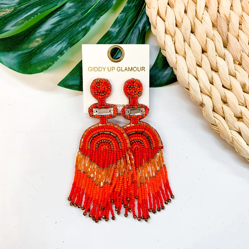 Trendy Gold Earrings for Women-Balcony Views Seed Bead Fringe Earrings in Red