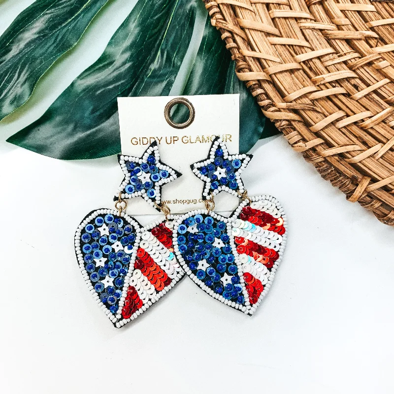 Custom Pearl Earrings-American Flag Seed Beaded Heart Earrings