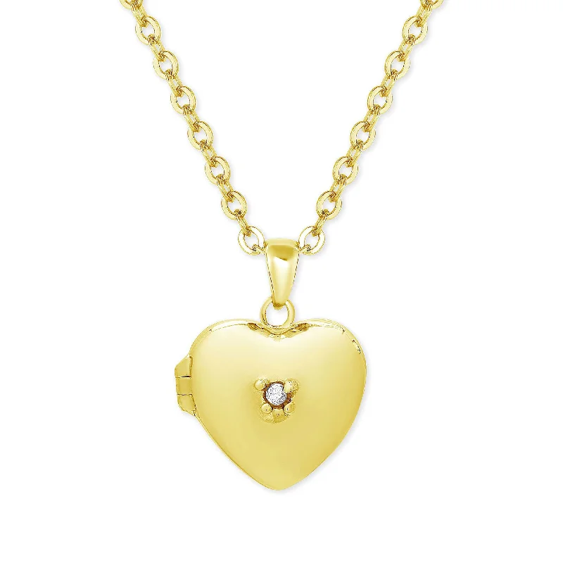 Fine Gold Necklaces-Heart Locket with CZ - Gold