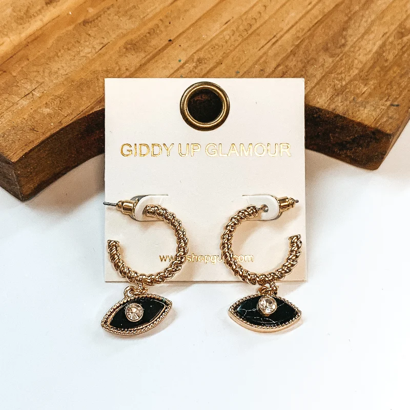 Trendy Hoop Earrings-Evil Eye Small Hoop Earrings in Gold Tone and Black