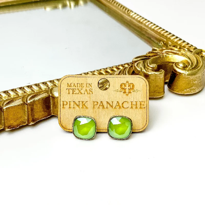 Personalized Gemstone Earrings for Women-Pink Panache | Silver Stud Earrings with Cushion Cut Crystals in Lime Green