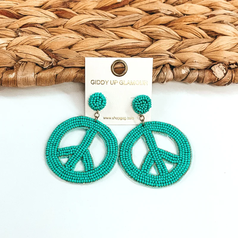 Sparkling Crystal Earrings-Seed Beaded Peace Sign Earrings in Turquoise