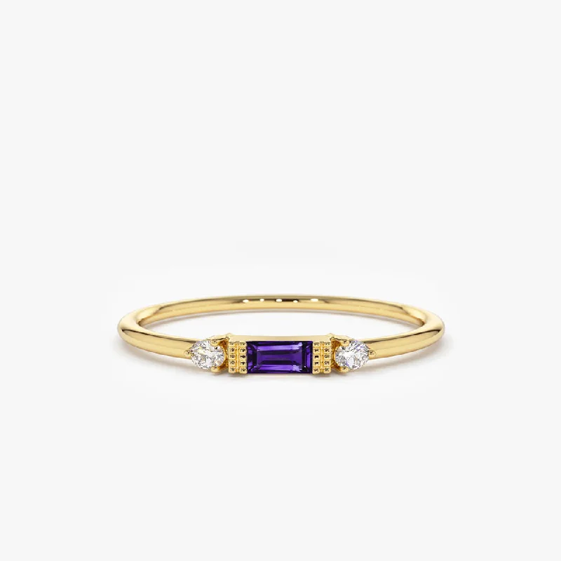 Engagement Rings with Emeralds-14K Gold Baguette Amethyst With Diamond Ring