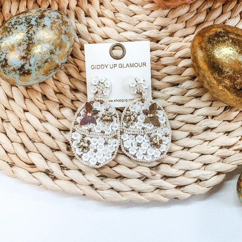 Handcrafted Drop Earrings for Women-Hoppy Easter Sequin Beaded Easter Egg Earrings in White