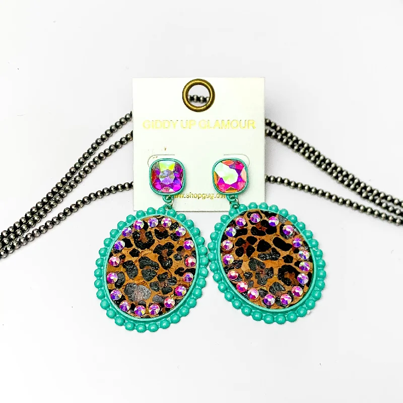 Elegant Drop Earrings-AB Crystal Post Turquoise Oval Earrings with Leopard Print Inlay and AB Crystal Outline