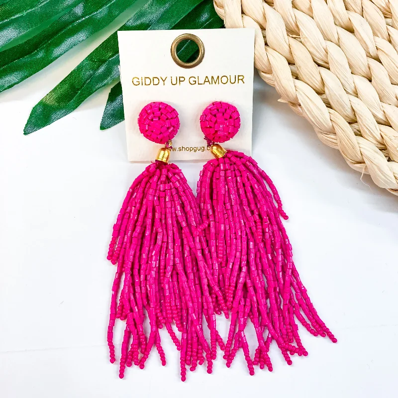 Designer Crystal Hoop Earrings-Crash My Party Seed Bead Tassel Earrings In Fuchsia