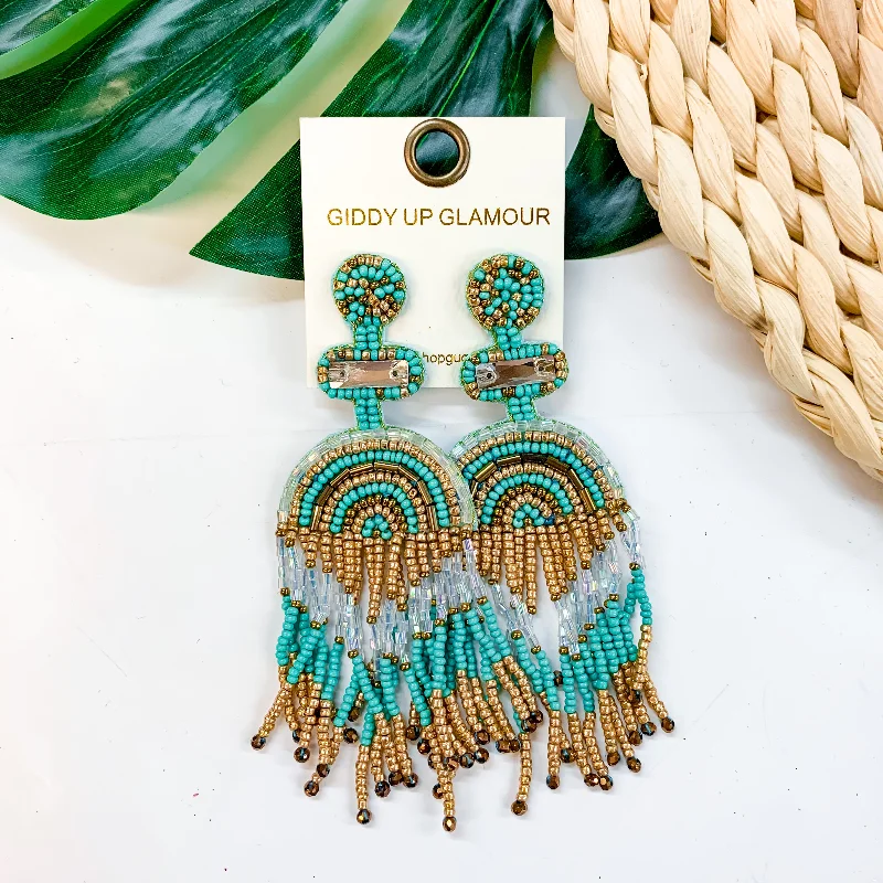 Custom Crystal Hoop Earrings-Balcony Views Seed Bead Fringe Earrings in Turquoise