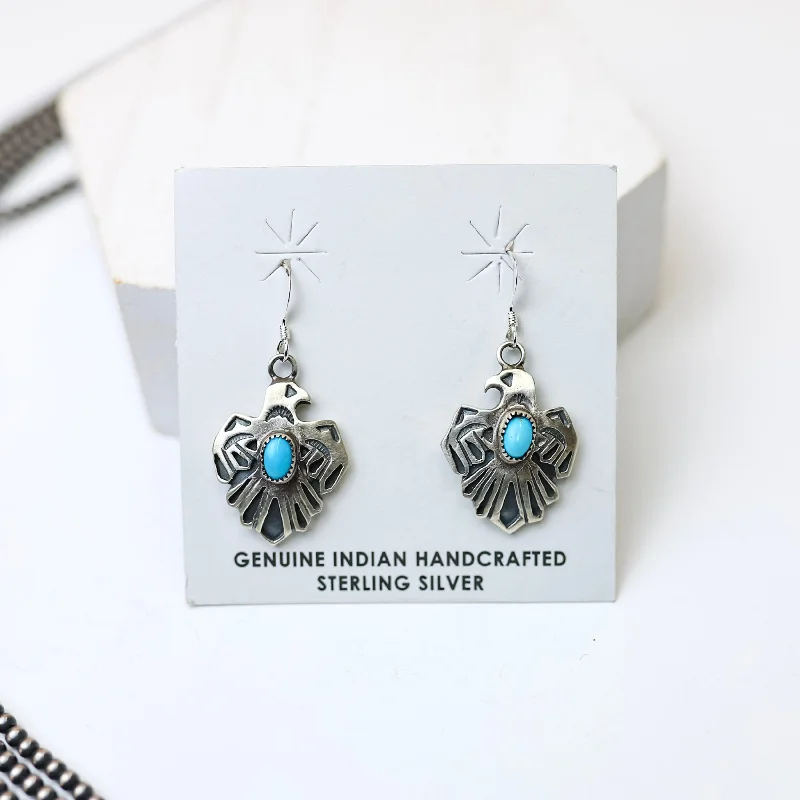 Simple Crystal Earrings for Women-Roberta Begay | Navajo Handmade Small Sterling Silver Thunderbird Earrings with Turquoise Stones