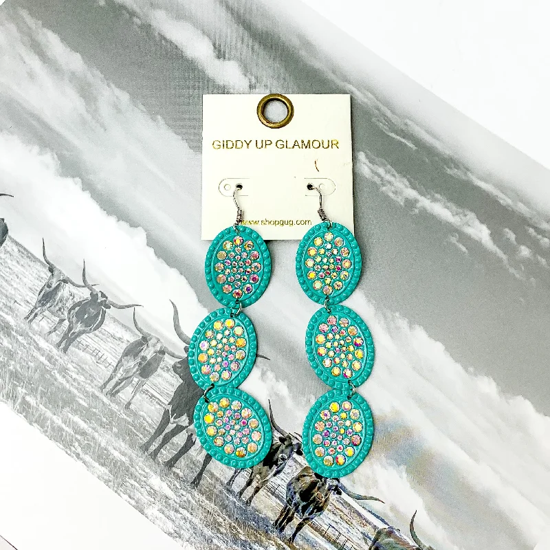 Designer Hoop Earrings-Three Tier Turquoise Blue and AB Crystal Oval Dangle Earrings