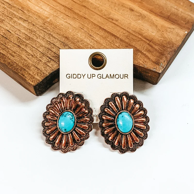 Simple Drop Earrings for Women-Copper Tone Concho Earrings with Faux Center Stone in Turquoise