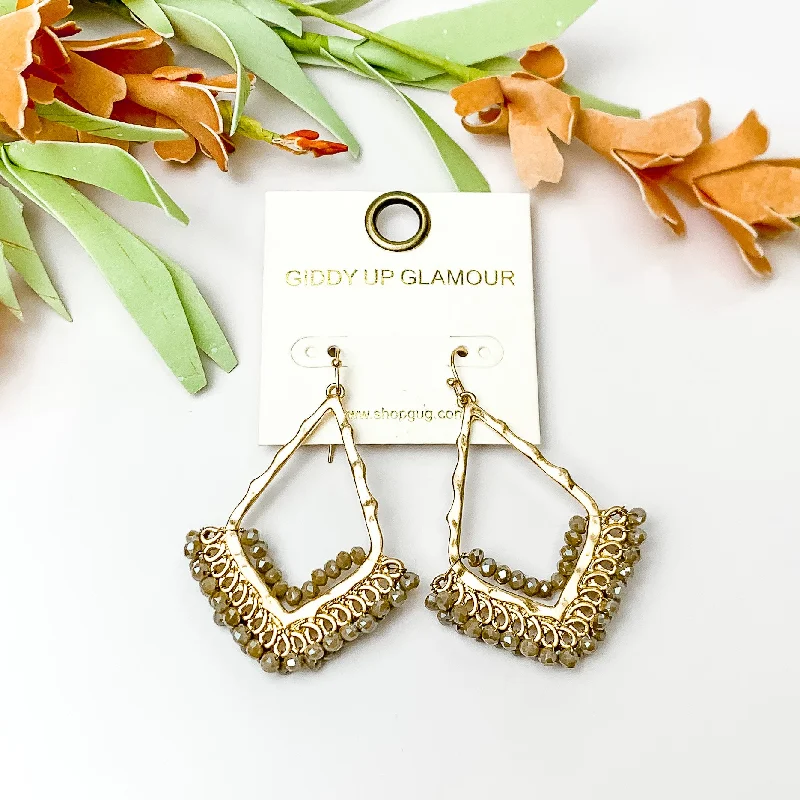 Classic Silver Earrings-Beige Crystal Beads Bordering Open Drop Gold Tone Earrings.