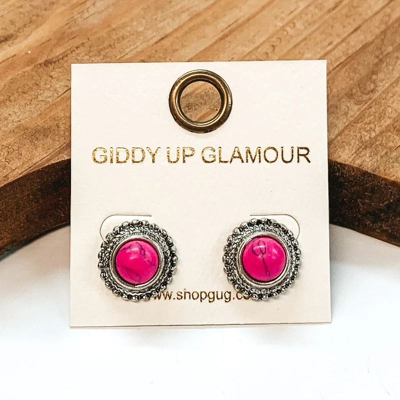 Stylish Hoop Earrings-Pink Circle Stone Earrings Outlined in Silver