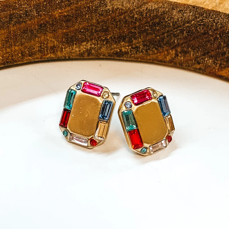 Large Hoop Gemstone Earrings-Made For Royalty Gold Rectangular Studded Earrings in Multicolor