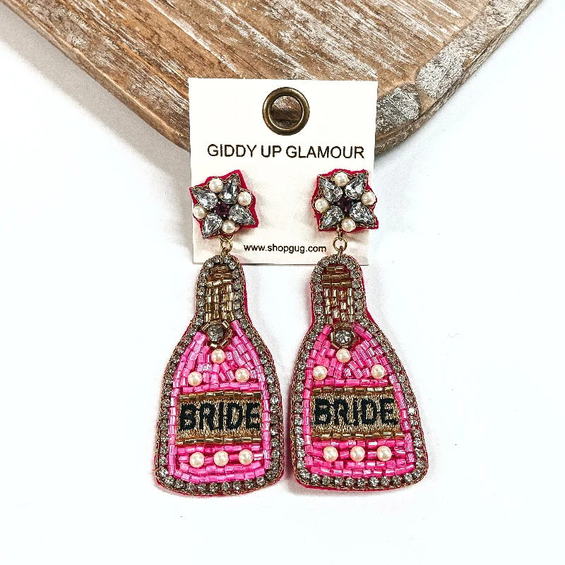 Simple Drop Stud Earrings-Bride Beaded Bottle Earrings with Clear Crystals and Pearls in Neon Pink Mix