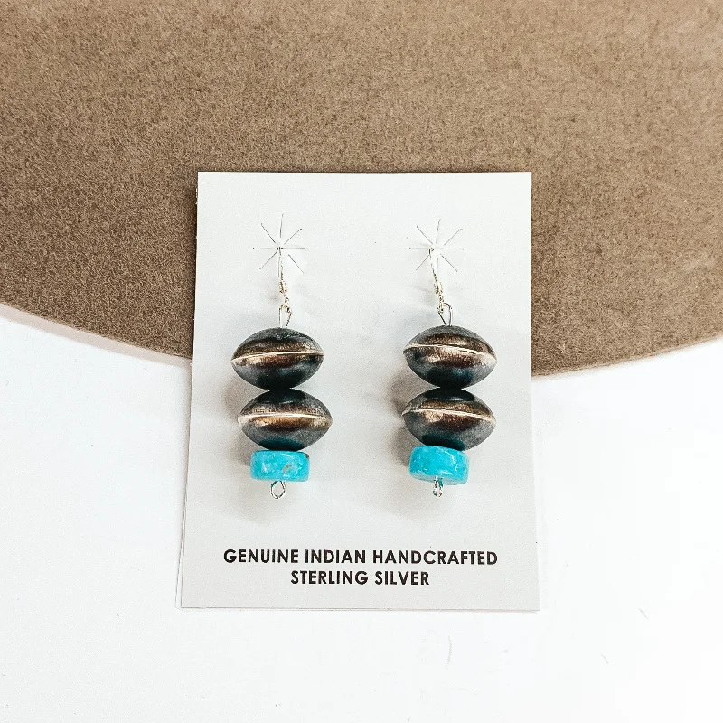 Modern Gold Drop Earrings-Navajo | Navajo Handmade Sterling Silver Saucer Navajo Pearl Drop Earrings with Turquoise Stones