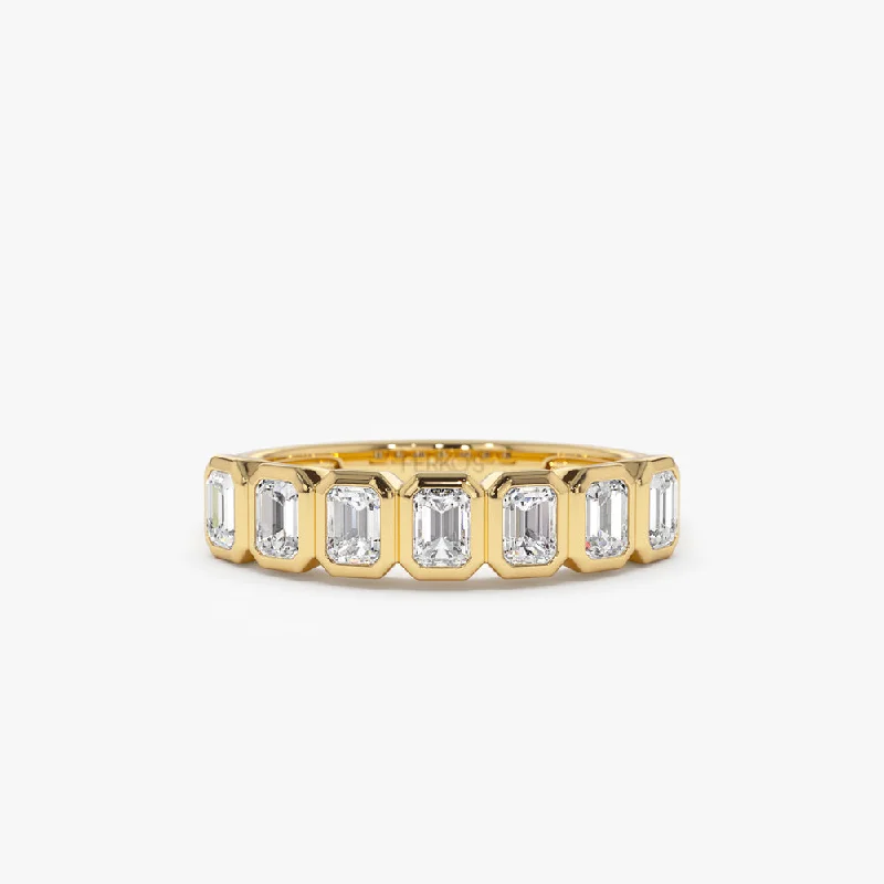 Custom Gold Rings for Women-14k Bezel Setting Emerald Cut Diamond Wedding Band