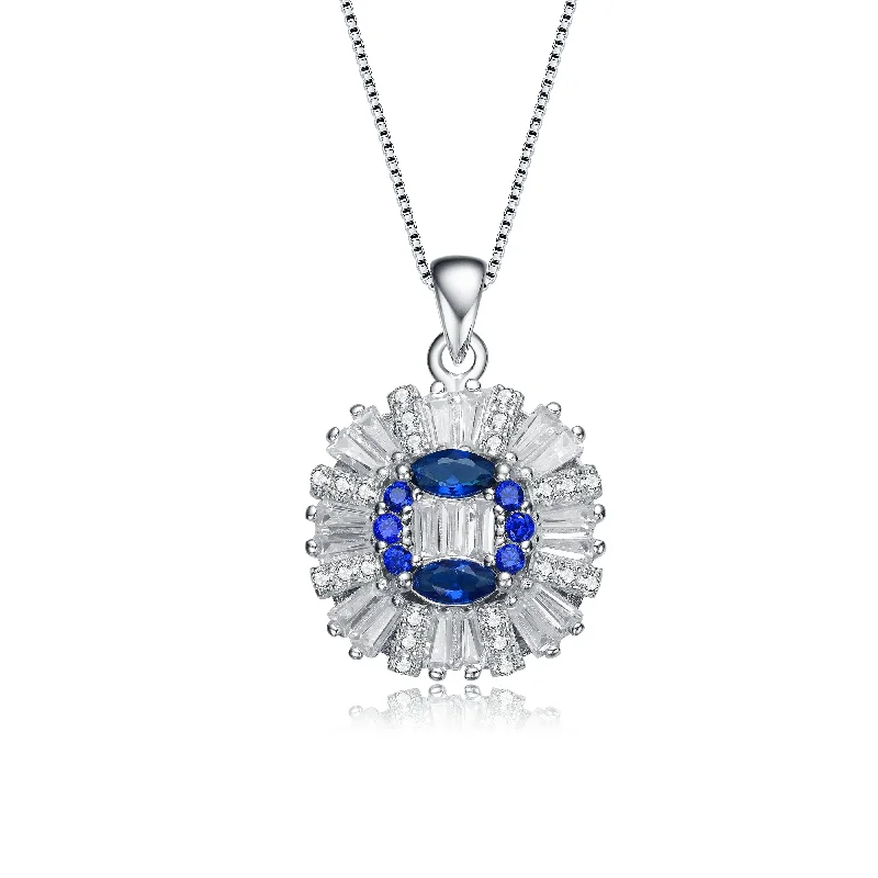 Engagement Necklaces-Sterling Silver with Rhodium Plate and Blue Sapphire Cubic Zirconia Stones Pendant Necklace