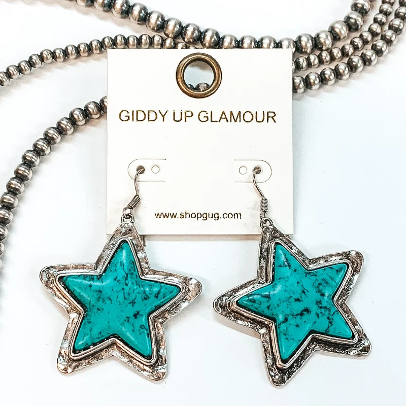 Silver Drop Earrings-Western Turquoise Star Stone Drop Earrings in Silver