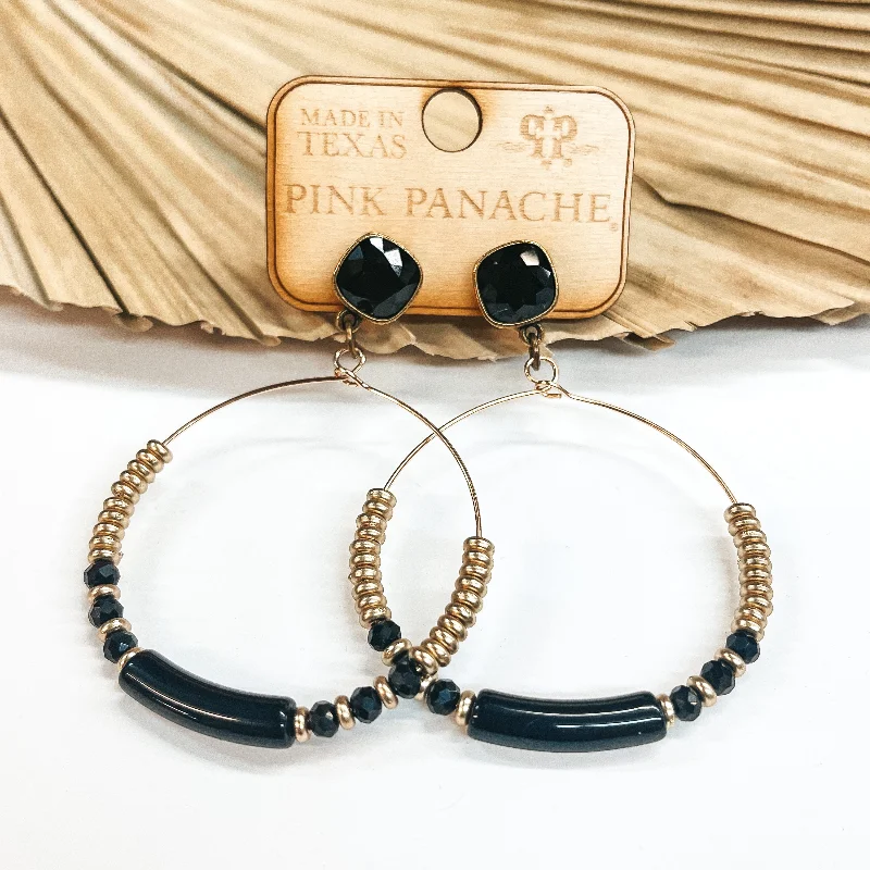 Unique Drop Earrings-Pink Panache | Black Crystal Beads and Gold Beaded Hoop Earrings with Cushion Cut Crystals in Black