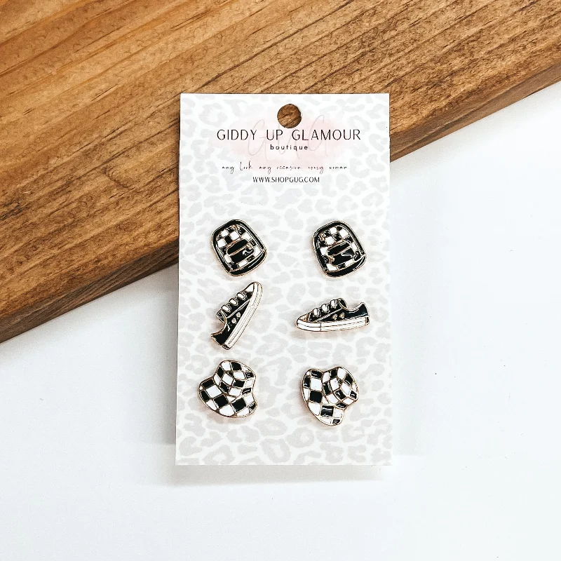 Simple Crystal Drop Earrings-Black and White Checkered Pattern Stud Earring Set in Gold