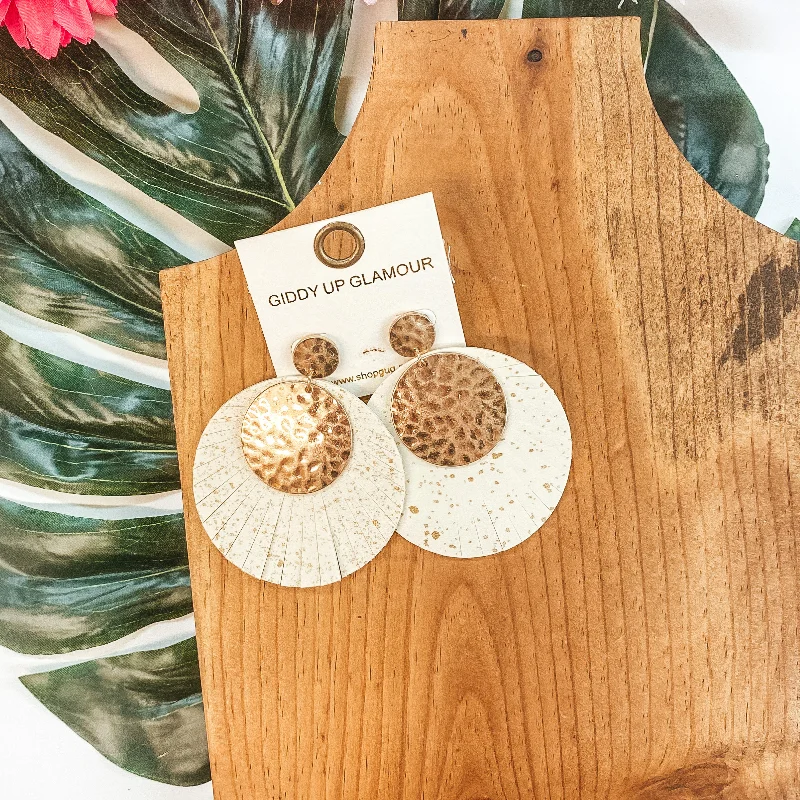 Trendy Drop Earrings for Women-Gold Hammered and Leather Fringe Circle Statement Earrings in Ivory