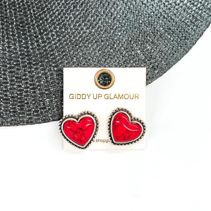 Modern Hoop Earrings for Women-Stone Heart Earrings in Red