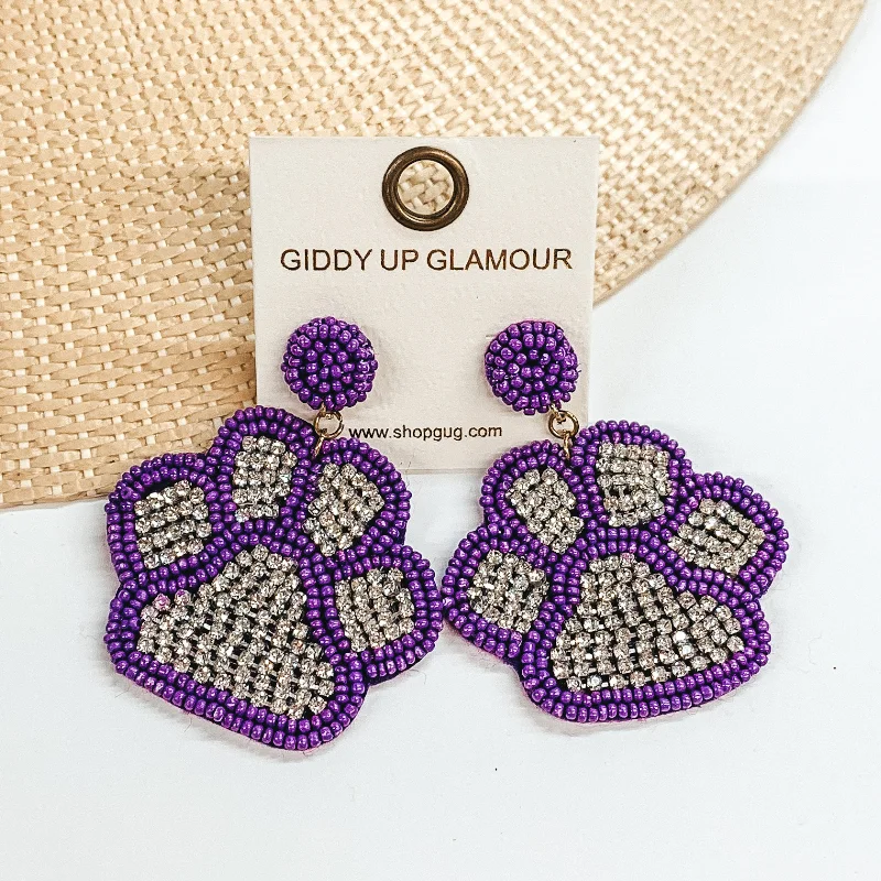 Gold Hoop Earrings-Beaded Paw Print Earrings with Clear Crystals in Purple