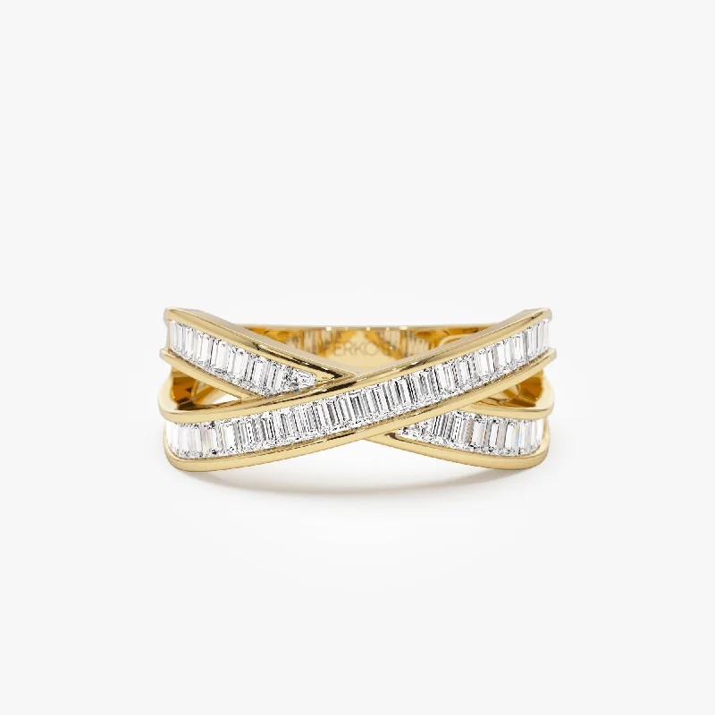 Personalized Wedding Bands for Couples-14k Channel Setting Baguette Diamond Crossover Band