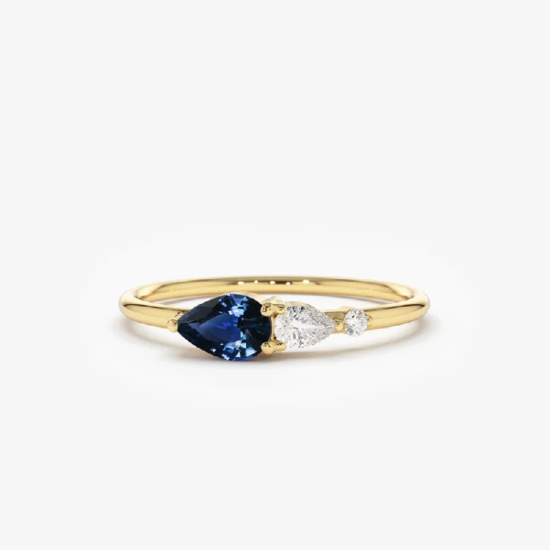 Custom Gemstone Wedding Bands with Diamonds-14k Gold Pear Shape Natural Sapphire with Pear Shape Diamond Ring